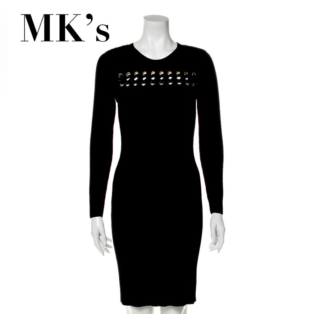 MICHAEL KORS black chunky knit sweater dress long sleeves gold hardware medium